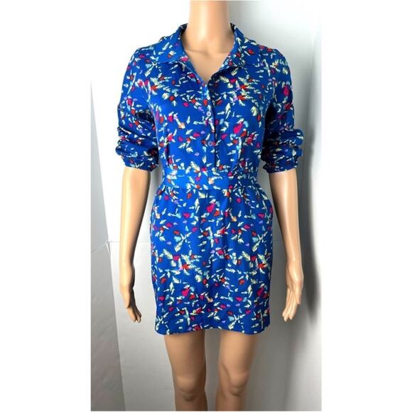 Aqua Long Sleeve Collared Multicolored Floral Print Short Shirt Dress - Picture 2 of 10